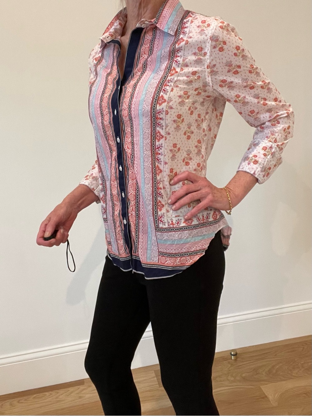 Floral Stripe Button-Down Shirt in Pink and Navy